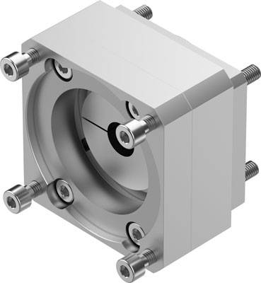 Zylinderförmiges Maschinenteil aus Metall, mit sichtbaren Schrauben an den Ecken und einem kreisförmigen Innenbereich.