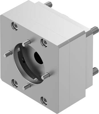 Eine quadratische Metallplatte mit sechs Schrauben und einer zentralen Öffnung, vermutlich ein mechanisches Bauteil oder eine Halterung.