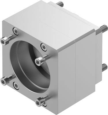 Ein silberner Metallblock mit mehreren Schrauben an den Ecken. Das Innere hat eine runde Vertiefung, möglicherweise für Befestigungszwecke.