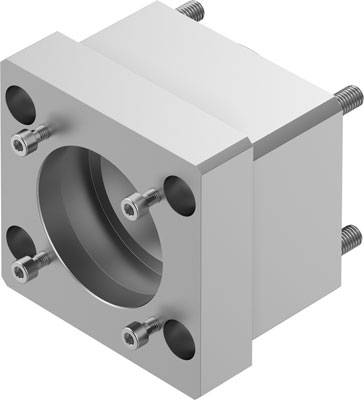 Metallblock mit vier Schrauben, zylindrischer Aussparung in der Mitte. Mechanisches Bauteil, wahrscheinlich Verbindungselement.