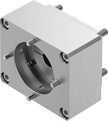 Ein massives Metallbauteil mit zylindrischer Öffnung und mehreren Schrauben.