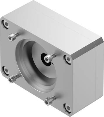 Ein rechteckiger Metallblock mit Schrauben an den Ecken und einer runden Vertiefung in der Mitte.