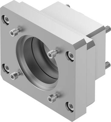 Ein rechteckiger Metallflansch mit zentralem zylindrischem Loch und sechs Schraubenlöchern an den Ecken, vermutlich zum Befestigen.