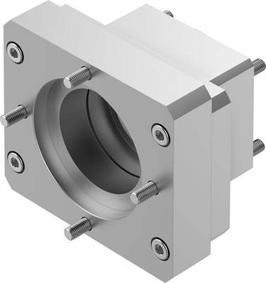 Metallhalterung mit zentraler runder Öffnung und mehreren Schrauben an den Ecken. Sie dient zur Befestigung von zylindrischen Objekten.