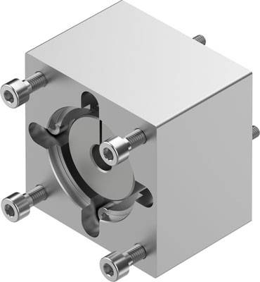 Metallblock mit zentralem Loch und befestigten Schrauben an den Ecken, möglicherweise ein mechanisches oder industrielles Bauteil.