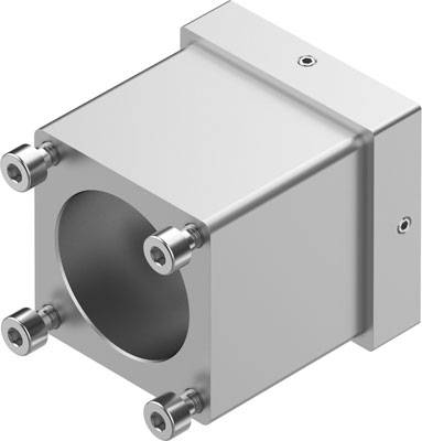 Metallischer, kubischer Adapter für runde Rohre, mit vier Schrauben an den Ecken zur Befestigung. Geeignet für industrielle Anwendungen.