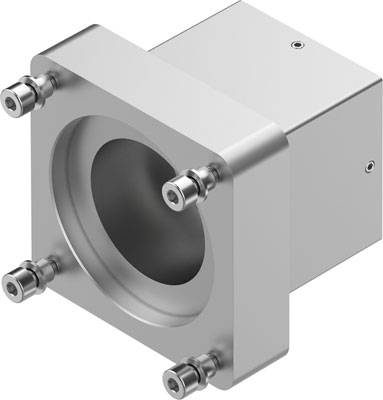 Ein silbernes, quadratisches Metallgehäuse mit vier Befestigungsschrauben an den Ecken. Enthält eine zentrale runde Öffnung.