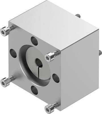 Ein quadratischer Metallblock mit sechs Schrauben in den Ecken und eine zentrale runde Aussparung, möglicherweise ein technisches Bauteil.