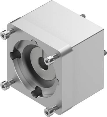 Metallischer, würfelförmiger Metallblock mit rundem Vertiefung in der Mitte und Schrauben in den Ecken; technisches Bauteil.