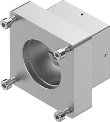 Metallisch-silberne Vorrichtung in Würfelform mit einem runden Hohlraum in der Mitte und vier seitlichen Schrauben an den Ecken.