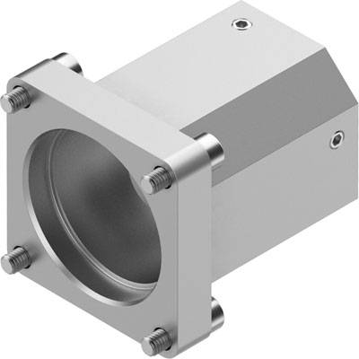 Metallisches, kubisches Gerät mit rundem Hohlraum und Schrauben an den Ecken.