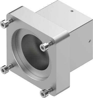 Industriebauteil aus Metall, würfelförmig mit vier Schrauben an jeder Ecke und einer runden Öffnung in der Mitte.