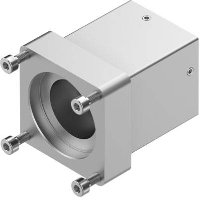 Metallwürfel mit großen seitlichen Löchern und Schrauben an jeder Ecke.