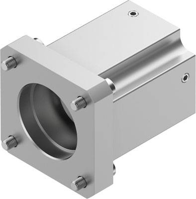 Silbernes, rechteckiges Maschinenteil mit zylindrischem Inneren und abgerundeten Ecken, befestigt mit vier Schrauben an jeder Ecke.