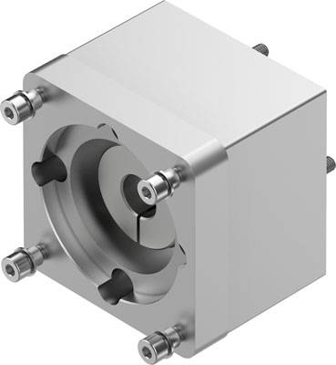 Ein silbernes Metallbauteil, quadratisch mit zylindrischen Erhebungen an den Ecken, wahrscheinlich ein Teil einer Maschinenkomponente.