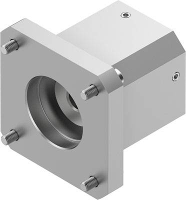 Silberner Metallblock mit zylindrischem Innenbereich, befestigt mit vier Schrauben an den Ecken.