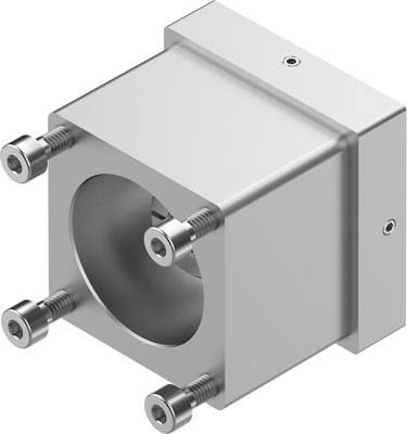 Metallischer Halter mit vier Schraubenlöchern und einem runden Innenraum, geeignet für Befestigungen in technischen Anwendungen.