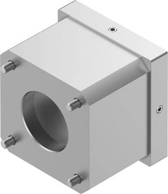 Quadratisches Metallgehäuse mit rundem Loch vorne, befestigt mit vier Schrauben an den Ecken, zeigt technische Bauweise.