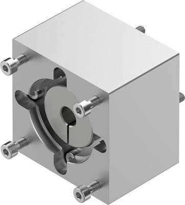 Ein rechteckiger Metallblock mit eingebauten Schrauben und einem zentralen zylindrischen Ausschnitt, vermutlich Teil eines Mechanismus.