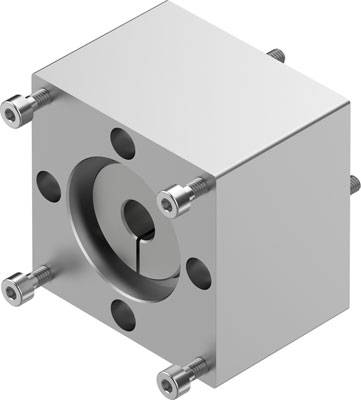 Metallischer Block mit mehreren Schrauben an den Ecken und einer zentralen, kreisförmigen Vertiefung.