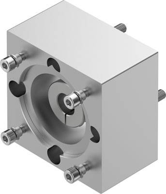 Ein zylindrischer Metallblock mit zentralem Loch und fünf Schrauben an jeder Ecke; industrielles Maschinenteil.