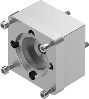 Fünfseitiger Metallwürfel mit zentralem zylindrischen Hohlraum und Schrauben an den Ecken.