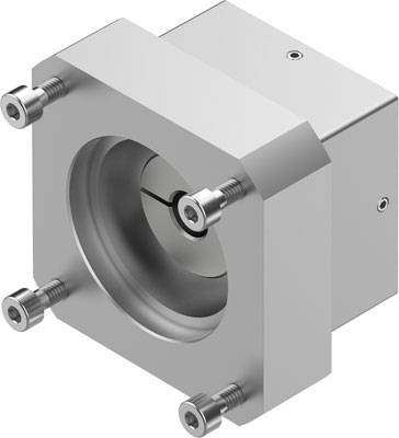 Metallischer Klemmenadapter mit quadratischer Form, vier Schrauben an den Ecken und einer zentralen zylindrischen Öffnung.