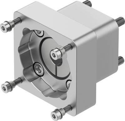 Eine silberne Metallhülse mit sechs Schrauben ist zu sehen, die an den Ecken befestigt sind. Es handelt sich um eine technische Komponente.