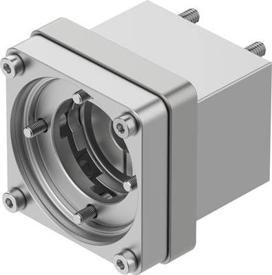 Metallischer Steckverbinder mit Bolzen und Schrauben. Der Würfel ist möglicherweise Teil einer elektrischen oder mechanischen Baugruppe.
