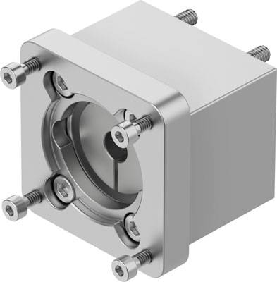 Metallblock mit sechs Schrauben zur Befestigung und kreisförmiger Aussparung in der Mitte.