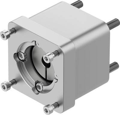 Ein vierkantiger Metallkasten mit sechs Schrauben, möglicherweise ein Gehäuse oder Teil eines mechanischen Geräts.