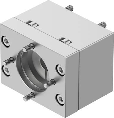 Ein grauer Metallblock mit mehreren Schrauben, der eine runde Öffnung in der Mitte hat. Teil einer technischen Maschinenanwendung.