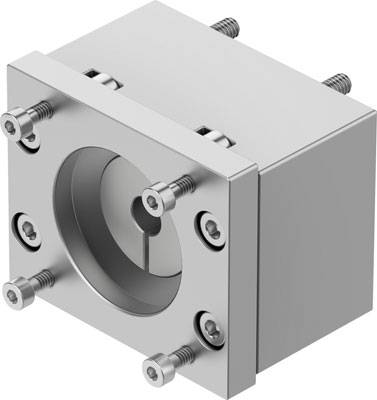 Ein rechteckiger Metallblock mit einem runden Hohlraum innen, befestigt durch sechs Schrauben an der Vorderseite.