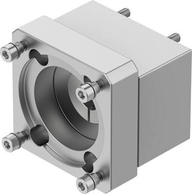 Metallblock mit kreisförmiger Aussparung, vier Schrauben in den Ecken. Verwendet als mechanische Komponente.