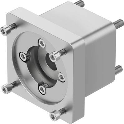 Eine quadratische Metallplatte mit sechs Schrauben, die ein zentral montiertes zylindrisches Teil hält.