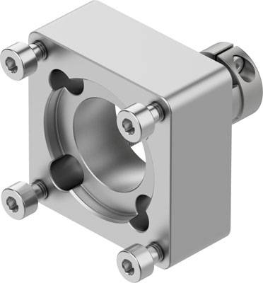 Metallisches mechanisches Bauteil mit zentralem zylindrischem Hohlraum, umgeben von vier Schrauben an den Ecken zur Befestigung.