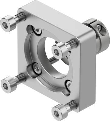 Ein silbernes Metallteil mit quadratischer Form, hat fünf Schrauben und eine zentrale Öffnung. Es dient vermutlich als Halterung oder Befestigungselement.