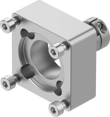Metallischer Lagerblock mit zylindrischem Loch in der Mitte und vier Schraubbolzen an den Ecken.