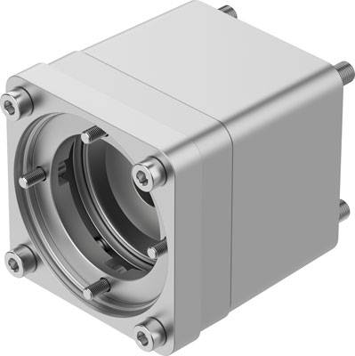 Metallklemme mit sechs Schrauben, geeignet für industrielle Anwendungen. Sie hat eine zylindrische Öffnung, zentral im Design.