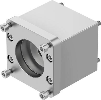 Metallisches Würfelgehäuse mit Schrauben an jeder Ecke, zeigt ein mechanisches Bauteil.