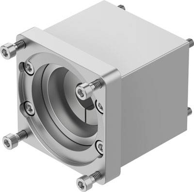 Ein silberner, quadratischer Metallblock mit sichtbaren Schrauben und einem zylindrischen Hohlraum in der Mitte.