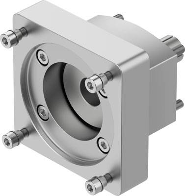 Metallkomponente in Würfelform mit mehreren Schrauben an den Ecken und einer zentralen kreisförmigen Vertiefung.