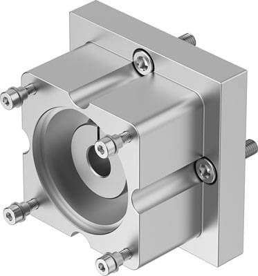 Ein silberner Metallblock mit zylindrischem Hohlraum in der Mitte, fixiert durch mehrere Schrauben an den Ecken.