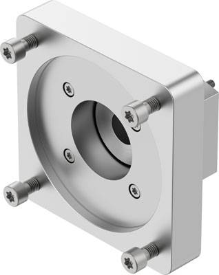 Ein rechteckiges Metallteil mit fünf Schrauben. In der Mitte befindet sich eine kreisförmige Öffnung mit einem inneren Ring.