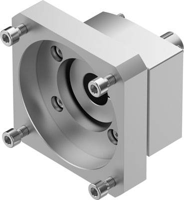 Metallisches Maschinenteil mit zylindrischem Hohlraum und sechs Schrauben zur Befestigung.