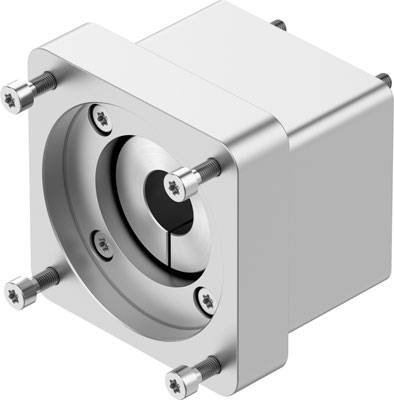 Silberner Metalladapter mit quadratischer Grundform und runden Aussparungen, befestigt mit vier Schrauben an den Ecken.