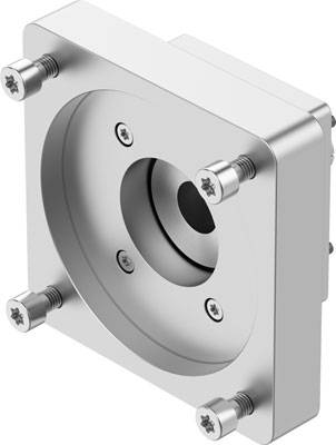 Rechteckige Metallplatte mit zentralem Loch, befestigt mit sechs Schrauben. Möglicherweise ein Teil eines mechanischen Systems.