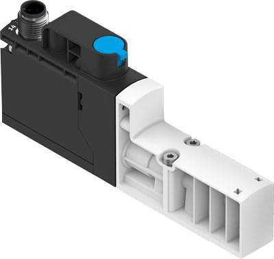 Elektrisches Ventil mit einem schwarzen Gehäuse, einem blauen Knopf und einem weißen Anschlussstück, wahrscheinlich zur Pneumatiksteuerung.