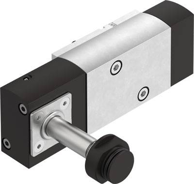 Ein mechanischer Schieber mit zylindrischem Stift, schwarzem Gehäuse und silberner Platte.