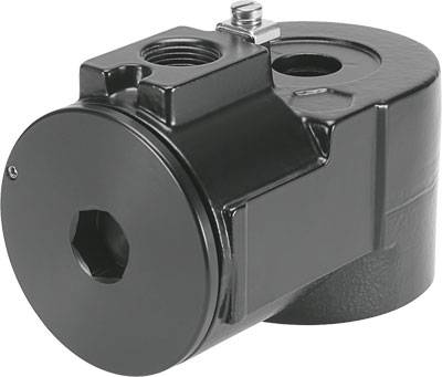 Schwarze hydraulische Spannklemme mit zwei Anschlussöffnungen, verwendet in Maschinenvorrichtungen zur sicheren Befestigung von Werkstücken.